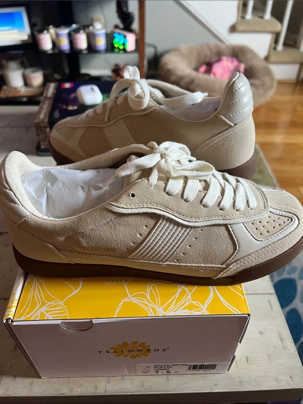 Yellow Box Cream and Brown Retro Low-Profile Sneakers